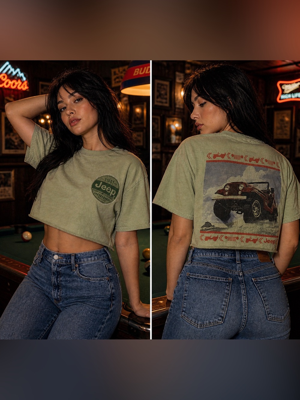 Jeep Women’s Sage Green Embroidered Cropped Graphic Tee , Retro Jeep Car Shirt